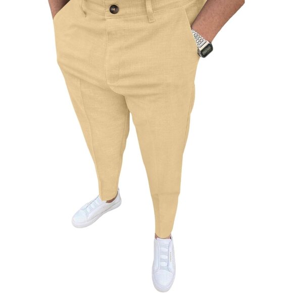 🆕 Men Tan Fashion Stretch Dress Slim Fit Plaid Business Suit Pants Casual Golf - Picture 1 of 6